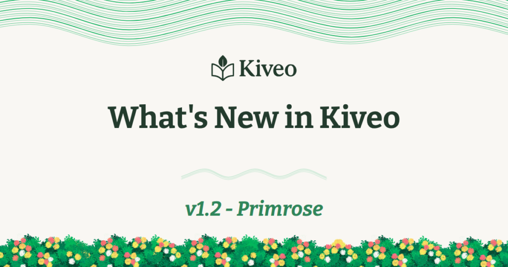 board (1) - A Private Reading Journal and Reflection App Banner for Kiveo: What's New in Kiveo, version 1.2 Primrose, with green wave motifs at the top and a colorful flower border at the bottom.