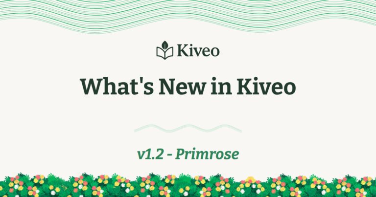 Banner for Kiveo: What's New in Kiveo, version 1.2 Primrose, with green wave motifs at the top and a colorful flower border at the bottom.