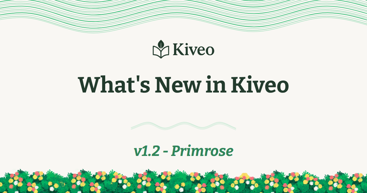 Banner for Kiveo: What's New in Kiveo, version 1.2 Primrose, with green wave motifs at the top and a colorful flower border at the bottom.