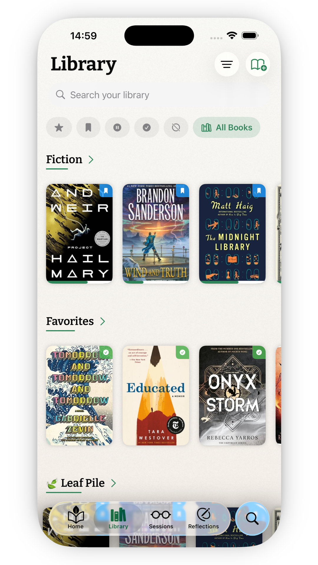 Kiveo library screen with a search bar, category chips, and a row of Fiction book covers under the All Books button.
