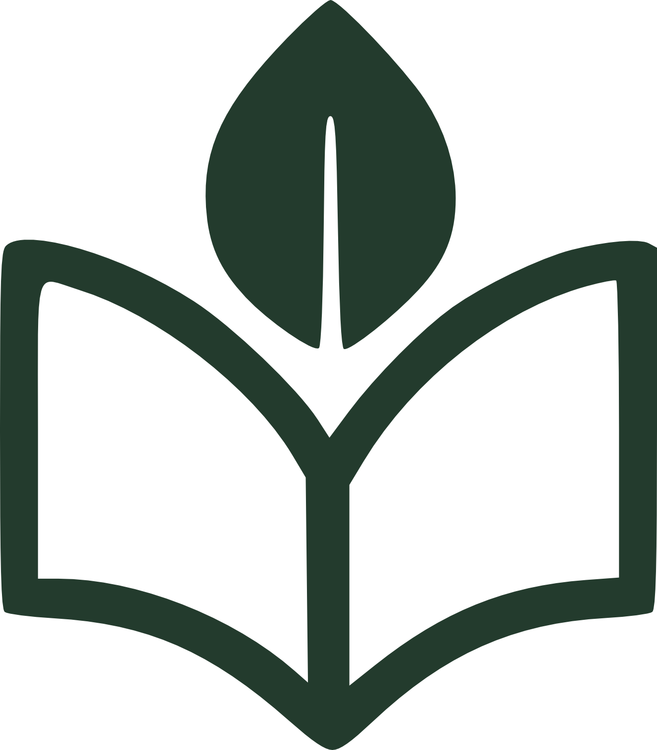 Open book icon with a central leaf in dark green color, logo-style design.