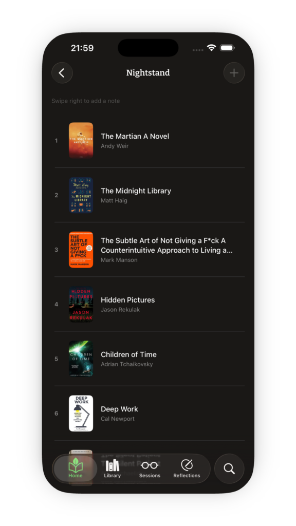 Screen showing a dark-nightstand reading list with numbered book entries and cover images: 1 The Martian A Novel by Andy Weir, 2 The Midnight Library by Matt Haig, 3 The Subtle Art of Not Giving a F*ck... by Mark Manson, 4 Hidden Pictures by Jason Rekulak, 5 Children of Time by Adrian Tchaikovsky, 6 Deep Work by Cal Newport; bottom navigation bar visible with Home, Library, Sessions, Reflections, and search icons.