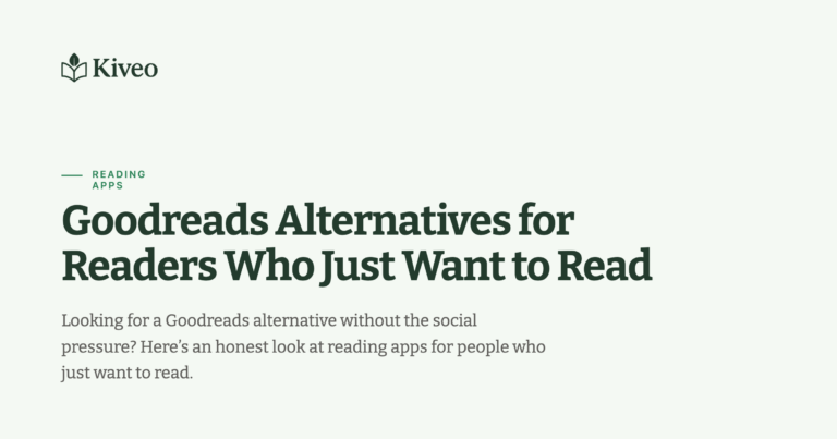 Marque Kiveo sur fond pâle avec le titre : « Alternatives à Goodreads pour les lecteurs qui veulent juste lire » en gros caractères gras, suivi d'un paragraphe d'introduction gris clair.