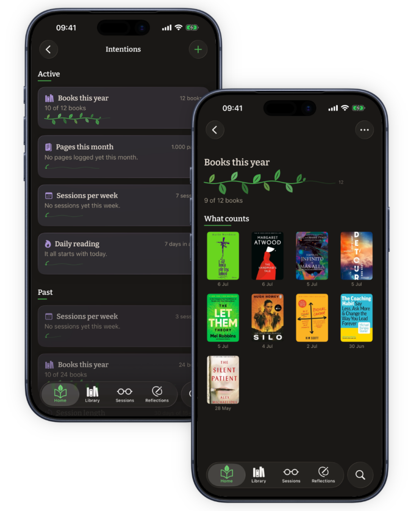 Dark-mode mobile app screens showing a reading tracker: sections like Books this year and Pages this month with green leaf decorations and rounded cards.