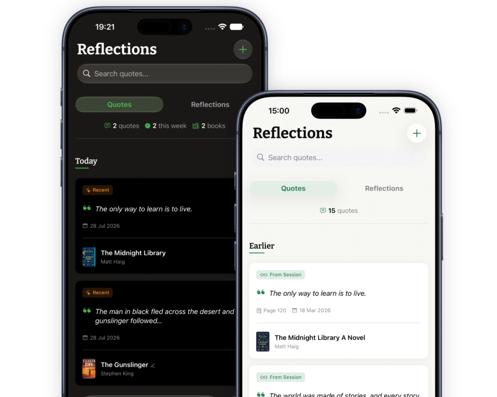 Pantalla Kiveo Reflections: una aplicación privada de diario y reflexión de lectura Capturas de pantalla de la pantalla Kiveo Reflections en modos oscuro y claro