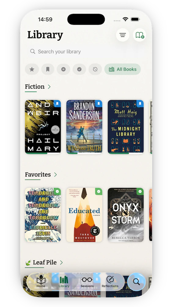 Kiveo library screen with a search bar, category chips, and a row of Fiction book covers under the All Books button.